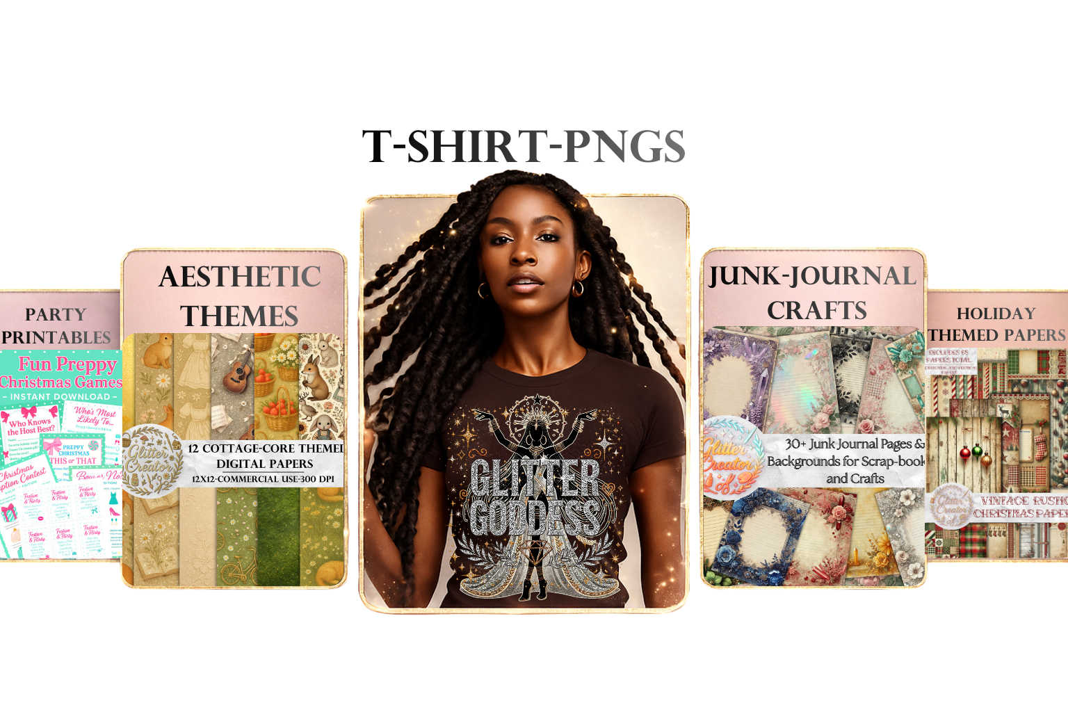 Large arrangement of glittery digital cards and papers