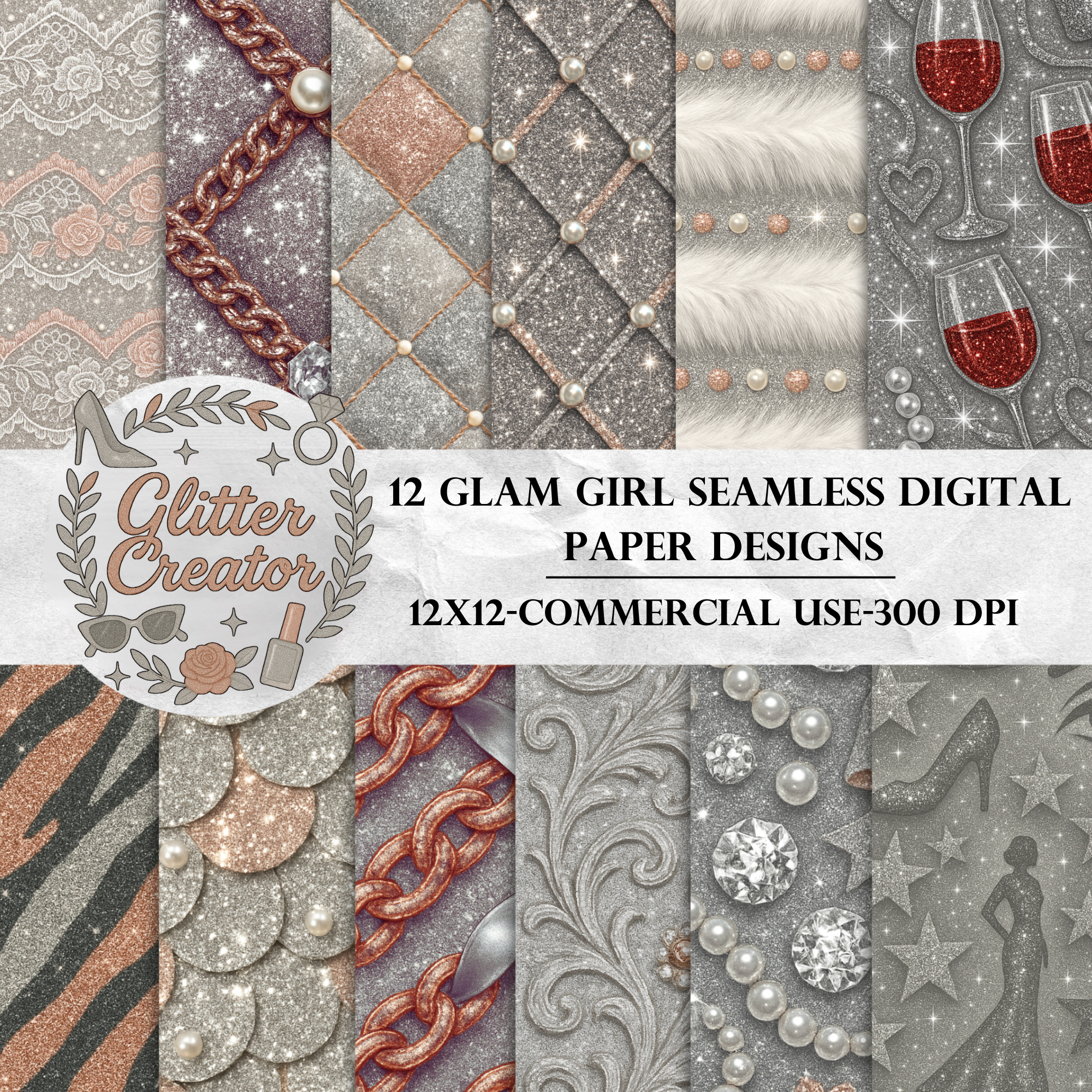 Glam girl glitter and pearl digital paper pack