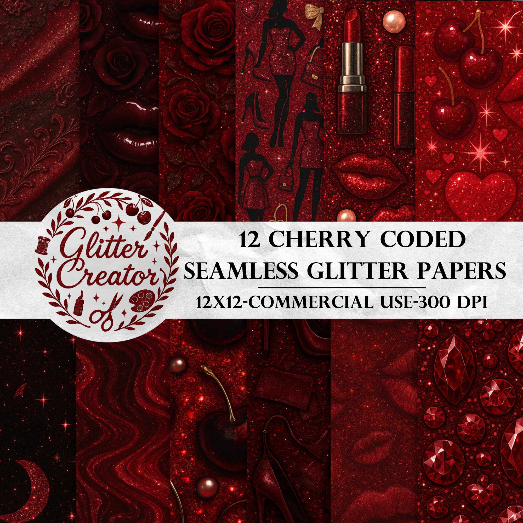 Cherry themed red glitter digital papers